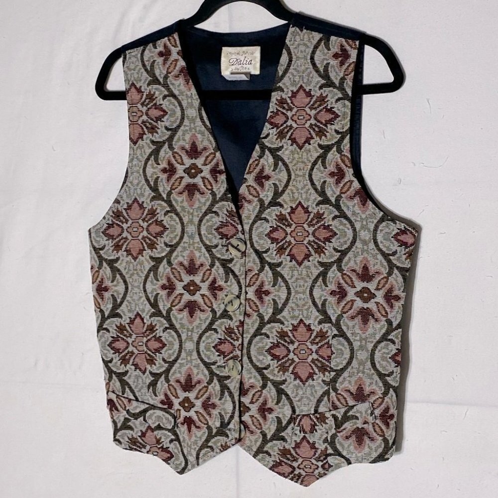 Vintage 90’s Dalia Grey Pink Green Floral Tapestry Vest M Cottagecore Western